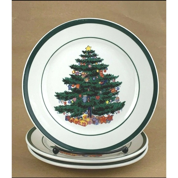 Christmas Tree Plates and Bowls Set Holiday Dinnerware Green Trim Totally Today - Picture 6 of 11
